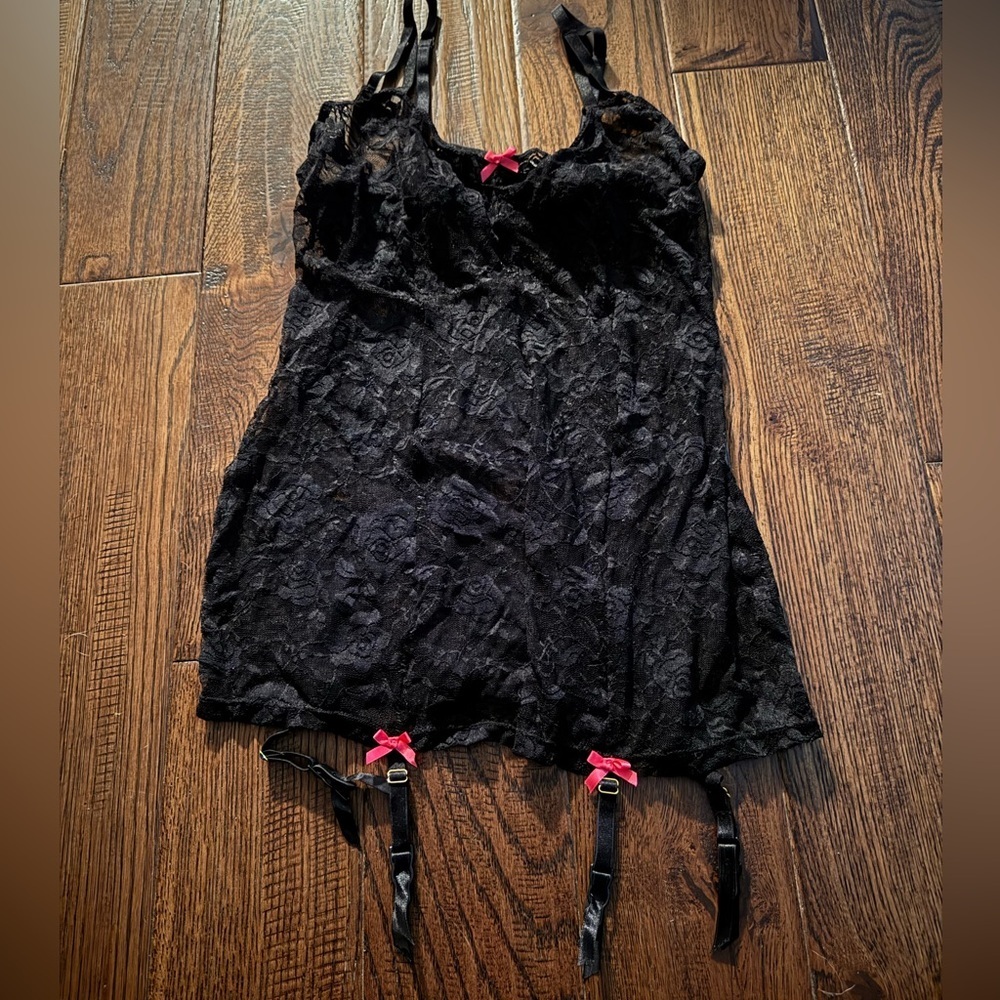 Rene Rofe Black Lace Sheer Chemise Slip Lingerie
